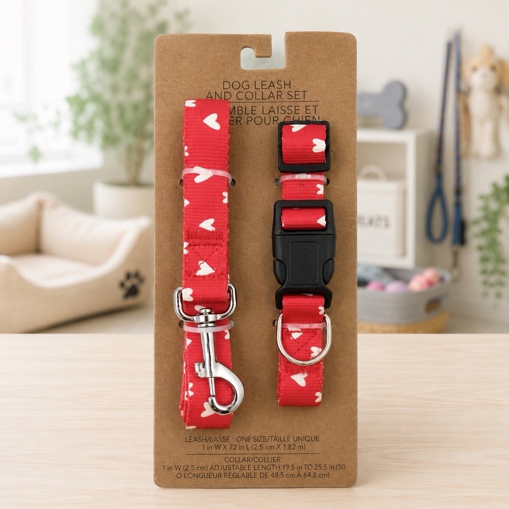 Old Navy Dog Leash & Collar Set Red White Hearts 1" x 72" New Adjustable 50lb